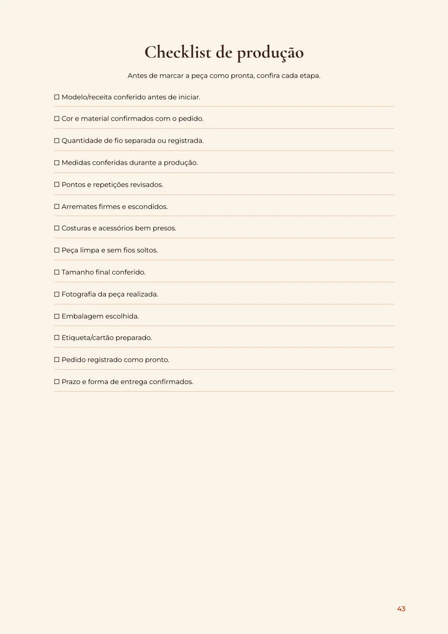 Checklist de produção do kit